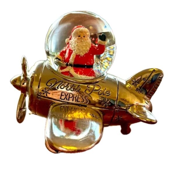 Santa Flying a Vintage Airplane Snow Globe, Waving from Cockpit, Propeller Spins - Picture 11 of 11